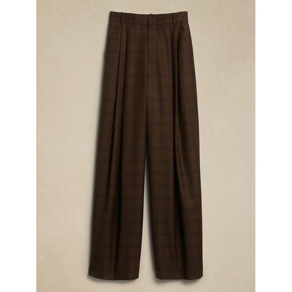 Banana Republic Vasto Wide-Leg Italian Wool Pant Plaid Brown Business Preppy 0 - Picture 4 of 14